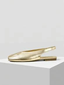 MOTF 女士新款欧美复古时尚PU皮V型方头平底后系带凉鞋，金色百搭休闲一脚蹬轻便舒适简约优雅高端鞋履 - 金色 - 查看 2