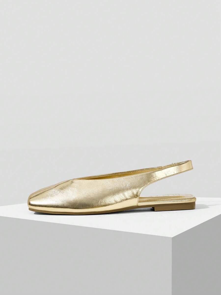 MOTF 女士新款欧美复古时尚PU皮V型方头平底后系带凉鞋，金色百搭休闲一脚蹬轻便舒适简约优雅高端鞋履 - 金色 - 查看 2