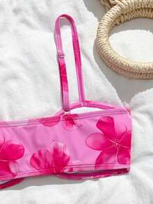 SHEIN Bộ bikini 3 món cho bé gái tuổi teen: Áo tắm dệt kim màu hồng cánh sen + váy, đồ bơi thời trang, thanh lịch, phù hợp cho bơi lội, kỳ nghỉ hè, bãi biển, hồ bơi, tiệc tùng. - Màu Hồng Tươi - Xem 4