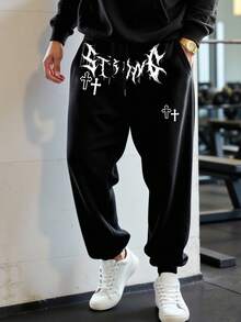 Manfinity Sport Corelite Quần thể thao nam kiểu dáng thường ngày, in chữ Gothic, có dây rút. - màu đen - Xem 3