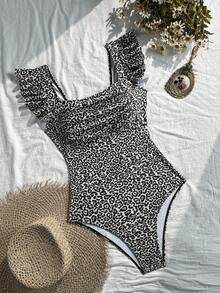 Swim Basics 女士豹纹荷叶边连体泳衣 - 彩色 - 查看 1