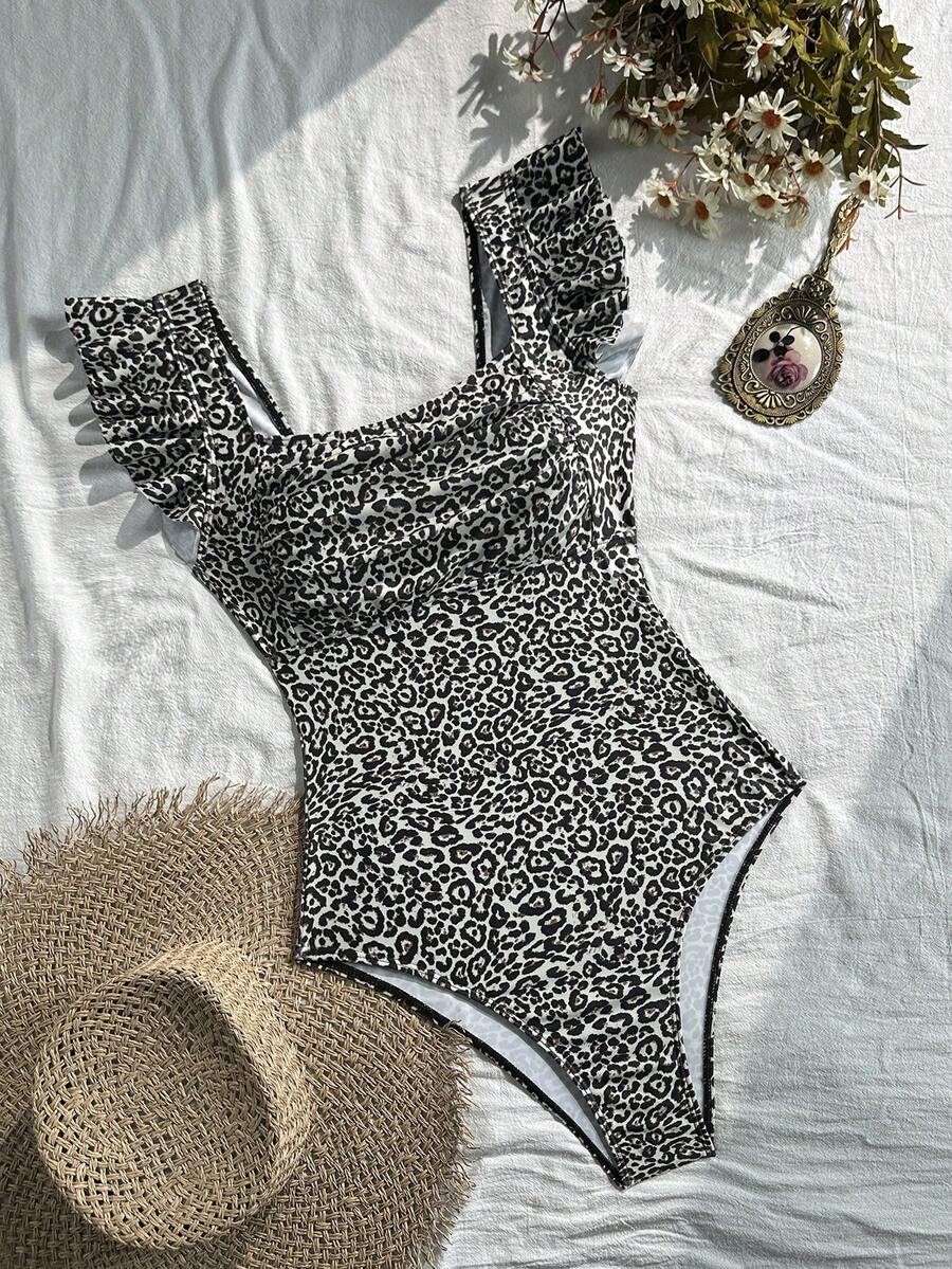 Swim Basics 女士豹纹荷叶边连体泳衣 - 彩色 - 查看 1