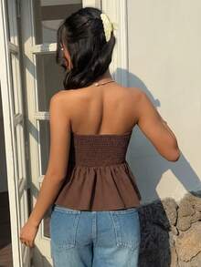 Serisse 女士度假风抽绳打结花卉刺绣抹胸上衣 - 棕色 - 查看 2