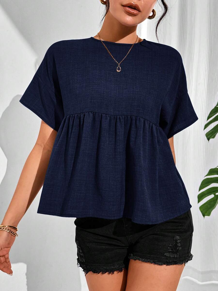 SHEIN Essnce Áo sơ mi ngắn tay màu trơn dáng casual dành cho nữ, mùa hè. - Xanh đậm - Xem 1