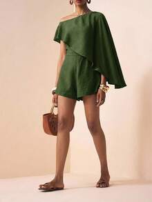 Zivah Elegant Army Green Asymmetrical Shoulder Flowy Jumpsuit Shorts For Summmer Vacation,Music Festival,Date,Wedding Guest,Party,Commute,Casual Streetwear - Army Green - View 8