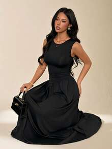 SHEIN PETITE 女士纯色圆领褶裥优雅束腰连衣裙，适合派对穿着 - 黑色 - 查看 5