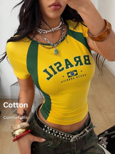 Coolane Women's Summer Music Festival Streetwear Vacation Casual Rave Outfit Going Out Casual Sport Sportswear Chic Basic Brazil Graphics Stretchy Comfortable Yellow Slim Fit  Tees