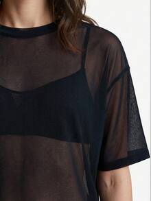 Ontre Women's Black Mesh Fabric Sheer Tops, See Through Shirt, Loose Fit Round Neck Short Sleeve T-Shirt, Sexy Chic Club Night Summer Vacation Boho - Black - View 7
