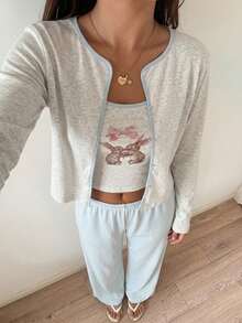DAZY 3pcs Women Contrast Color Cute Rabbit Print Camisole Top & Robe & Solid Color Pants Sleepwear Pajama Set, Fall Winter Clothes - Grey - View 2