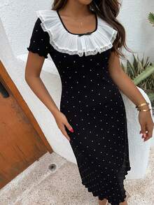 DAZY Polka Dot Allover Print Ruffle Collar Women's Nightgown, Women's Loungewear Dress - Black - View 2