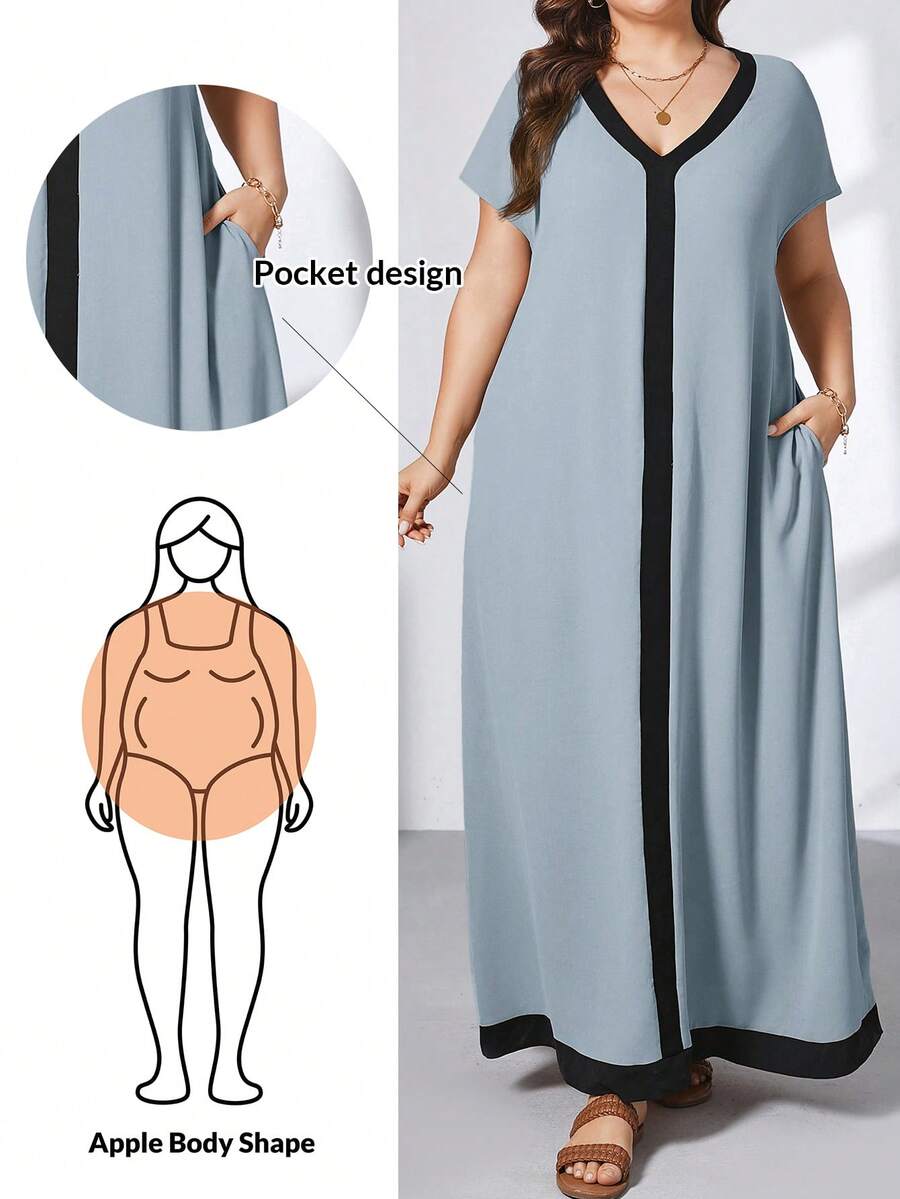 SHEIN Essnce 夏季大码休闲撞色连衣裙 - 淺藍色 - 查看 1