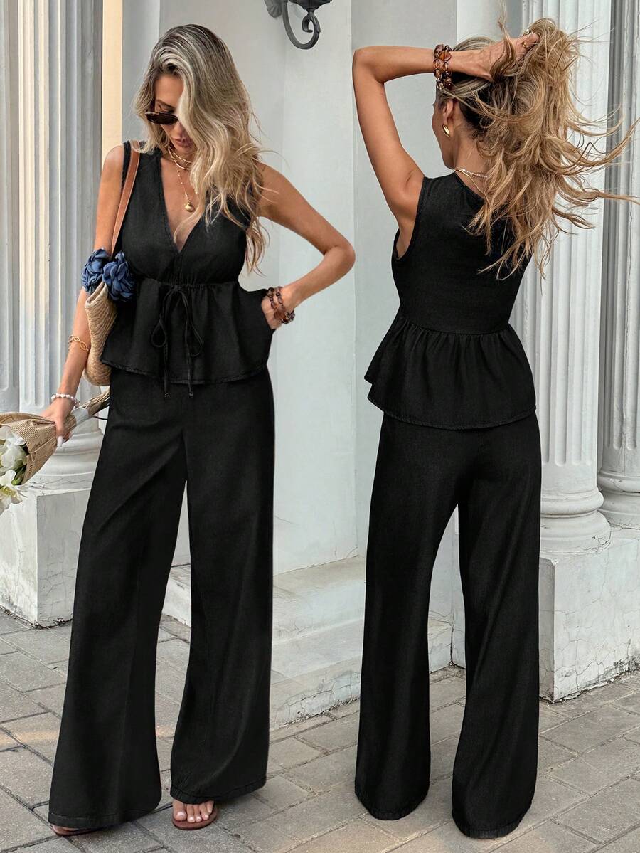 Serisse Women Sleeveless Top And Jeans Pants Set - Black - View 1