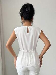 Elenzga Áo sơ mi không tay thanh lịch có bèo nhún, cài nút, kiểu dáng sang trọng, thích hợp mặc thường ngày, công sở, mùa xuân/hè. - trắng - Xem 2