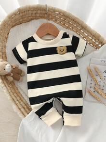 SHEIN Summer Newborn Boy's Black-And-White Striped Crew Neck Short-Sleeve Teddy Bear Print Romper Stylish And Casual, Simple And Adorable Baby Clothes Unisex Baby Clothes Striped Baby Romper Photoshoot Outfit For Baby - Black and White - View 3