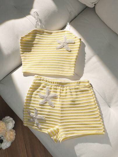 Squishy Summer 2pcs/Set Girls Y2K Style Yellow & White Striped Matching Swimwear Set, Starfish Embroidery Textured Fabric Bandeau Top With Invisible Strap + Shorts, Soft & Comfortable, Sweet Beach Vacation Style, Suitable For Summer Squishy Set  Tops And Shorts