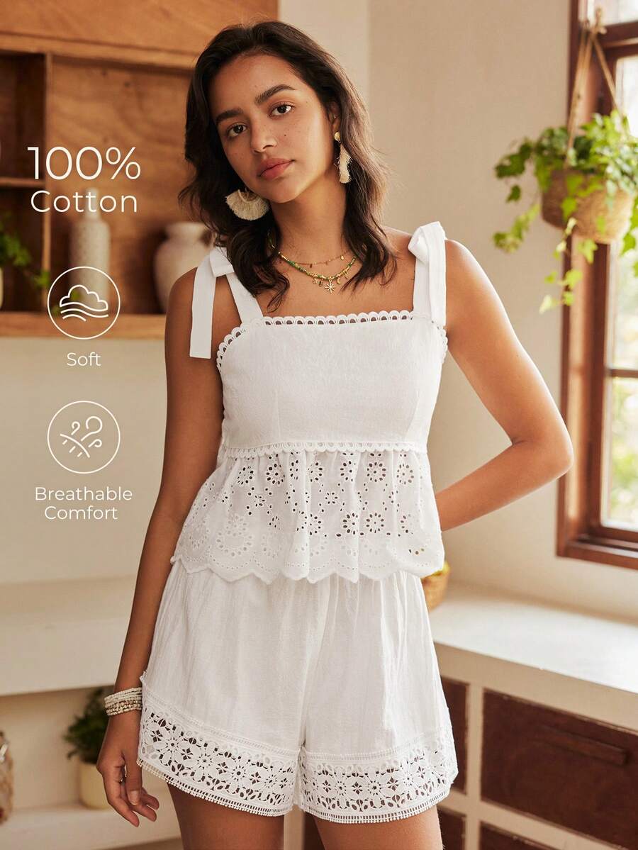 Lullawish Bộ đồ ngủ nữ phong cách Bohemian, 100% cotton. - trắng - Xem 1