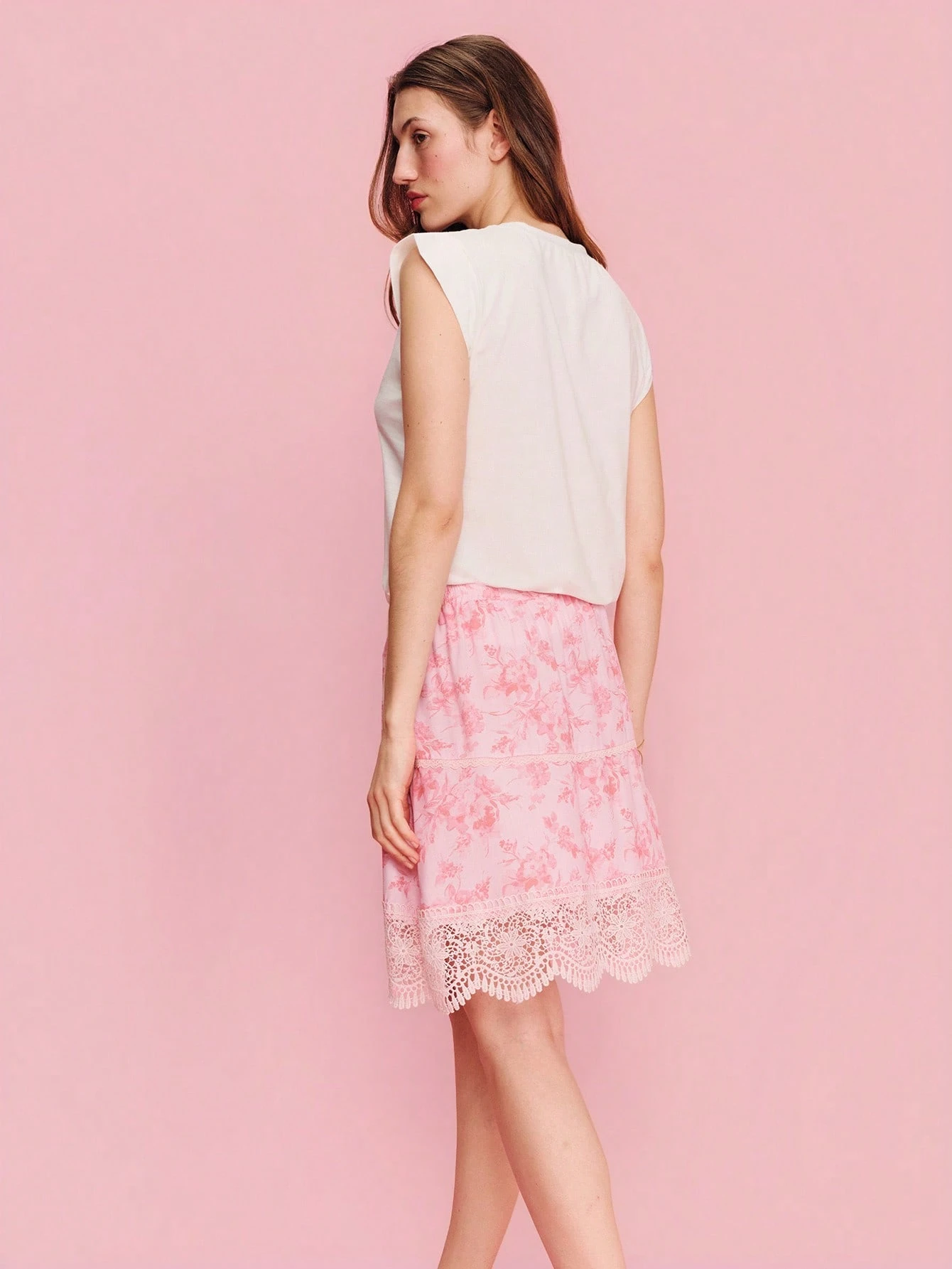 Pink Viscose Midi Skirt With Floral Print And Lace Detail Cute Spring Summer Vacation Skirt Holiday Outfit French Style Parisian Style