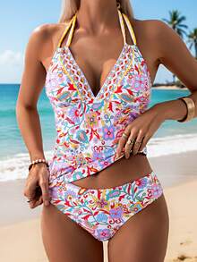 Swim Lushoire Bộ đồ bơi nữ, họa tiết hoa, cổ chữ V, buộc dây sau lưng, hai mảnh, thích hợp cho kỳ nghỉ hè, đi biển. - Nhiều màu - Xem 4