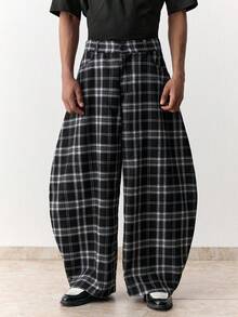 SWAVVY Men's Casual Commuter Plaid Curved Leg Pants - Black - View 4