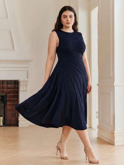 Anewsta 大码女士优雅纯色重磅针织无袖不规则褶裥毛衣连衣裙，早春