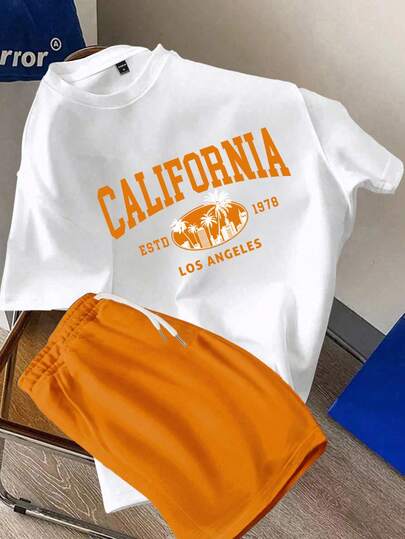 Manfinity Joysei Men's Letter Print Round Neck Short Sleeve T-Shirt And Shorts Casual Set