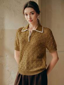 Anewsta French Spring/Summer Elegant Textured Business Casual 3D Crochet Hollow Gold Button Ivory Knit Top - Army Green - View 4