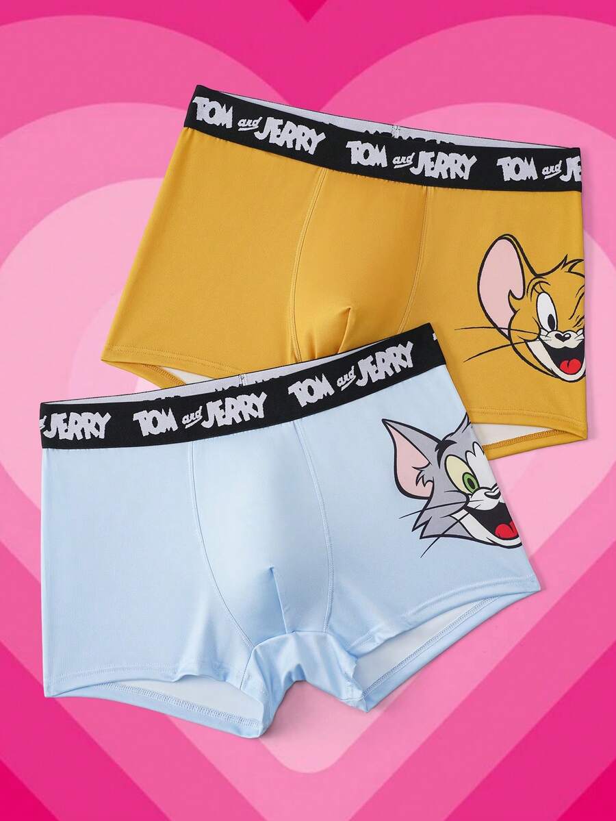 TOM & JERRY X SHEIN 2pcs/Pack Men's Letter & Cartoon Print Casual Everyday Briefs - Blue - View 1