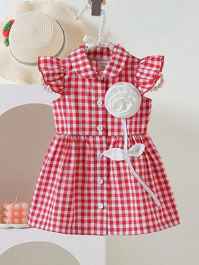 SHEIN Playful Pals 女婴红白格子连衣裙，翻领娃娃裙，短袖，纽扣开襟，泡泡袖，高腰，宽松，3D立体玫瑰花图案，时尚百搭，甜美休闲，适合户外、旅行，活泼可爱，夏季新品
