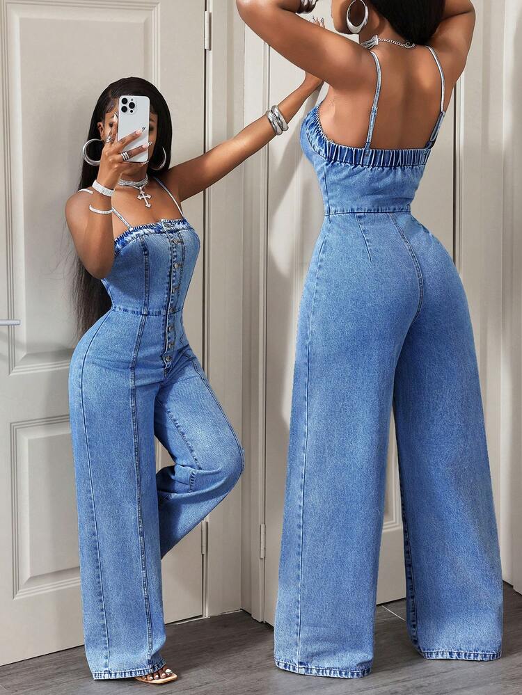 BamGleam Women's Button Front Wide Leg Casual Jumpsuit | SHEIN USA
