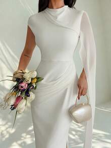 Firerie Vestido largo elegante con drapeado y fruncido, adecuado para uso diario, fiestas, invitados de boda - Blanco - Ver 3