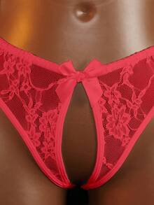 SHEIN Women's Red Lace Butterfly Decor Sexy Open Crotch Red Lace Panties - Burgundy - View 4