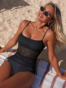Swim Lushoire Women's Hollow Out Textured Fabric Bikini Two Pieces Bikini Set Set, Casual Vacation - Black - View 1