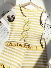 2pcs/Set Soft Green And White Striped Bow Tie Sleeveless Crop Top + Ruffle Hem Shorts Set For Teenage Girls,Cute Summer Holiday Sweet & Spicy Style - Multicolor - View 3