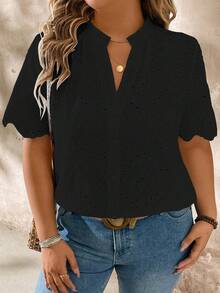 Momelise Plus Size Summer Casual Solid Color Hollow Out Embroidery Notched Neck Short Sleeve Shirt - Black - View 6