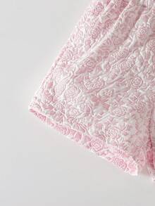 SHEIN Vintaside Kids 女嬰粉色夏季可愛2歲生日提花細肩帶上衣與裙子套裝，玫瑰提花布料優雅荷葉邊裙襬，適合婚禮派對校園 - 粉色 - 查看 5