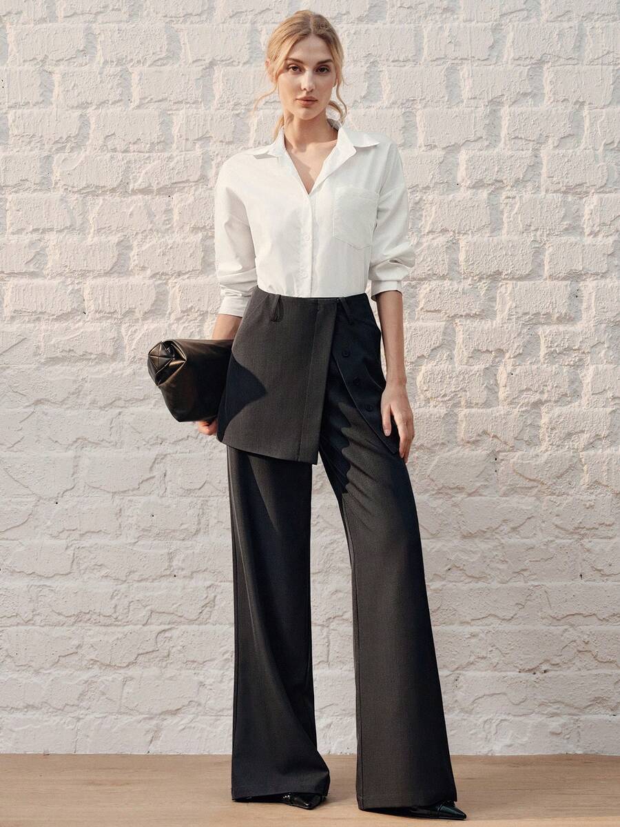 Anewsta 2pcs Women's Asymmetrical Layered High Waist Flared Leg Casual/Office Commute Pants Set - Dark Grey - View 1