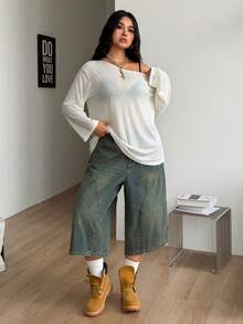 Coolane Women's Plus Size Summer Oversized Inclusive Sizing Streetwear Y2K  Comfortable Asymmetrical Neck Knit Off The Shoulder Long Sleeve T-Shirt - White - View 4