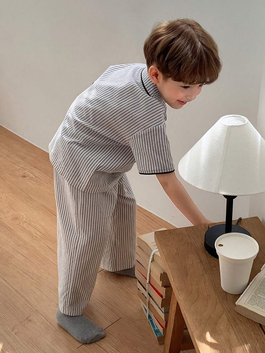DAZY Young Boy Striped Short Sleeve Top And Pants Pajama Set Summer - Light Grey - View 1