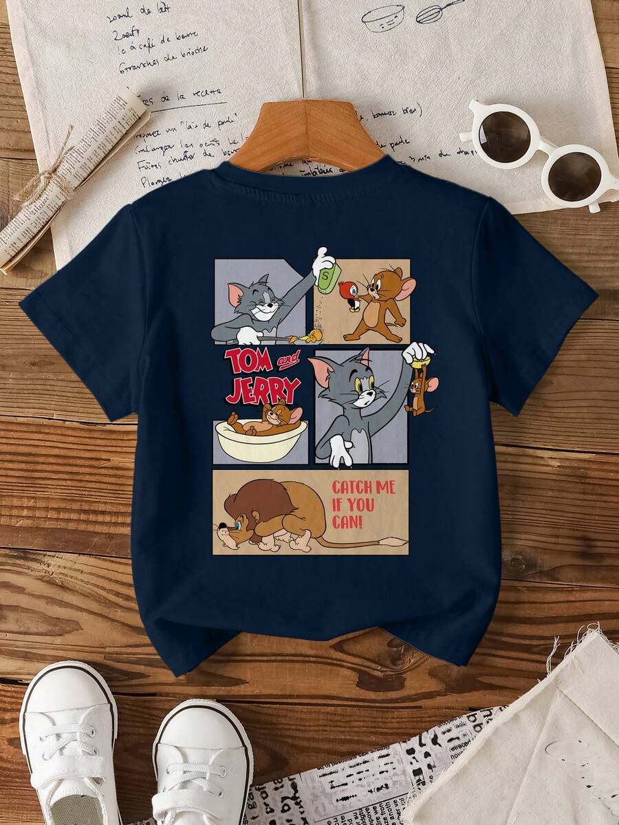 TOM & JERRY X SHEIN Cartoon-Muster Rundhals Kurzarm Casual T-Shirt für Kleine Jungen - Weiss - Übersicht 1