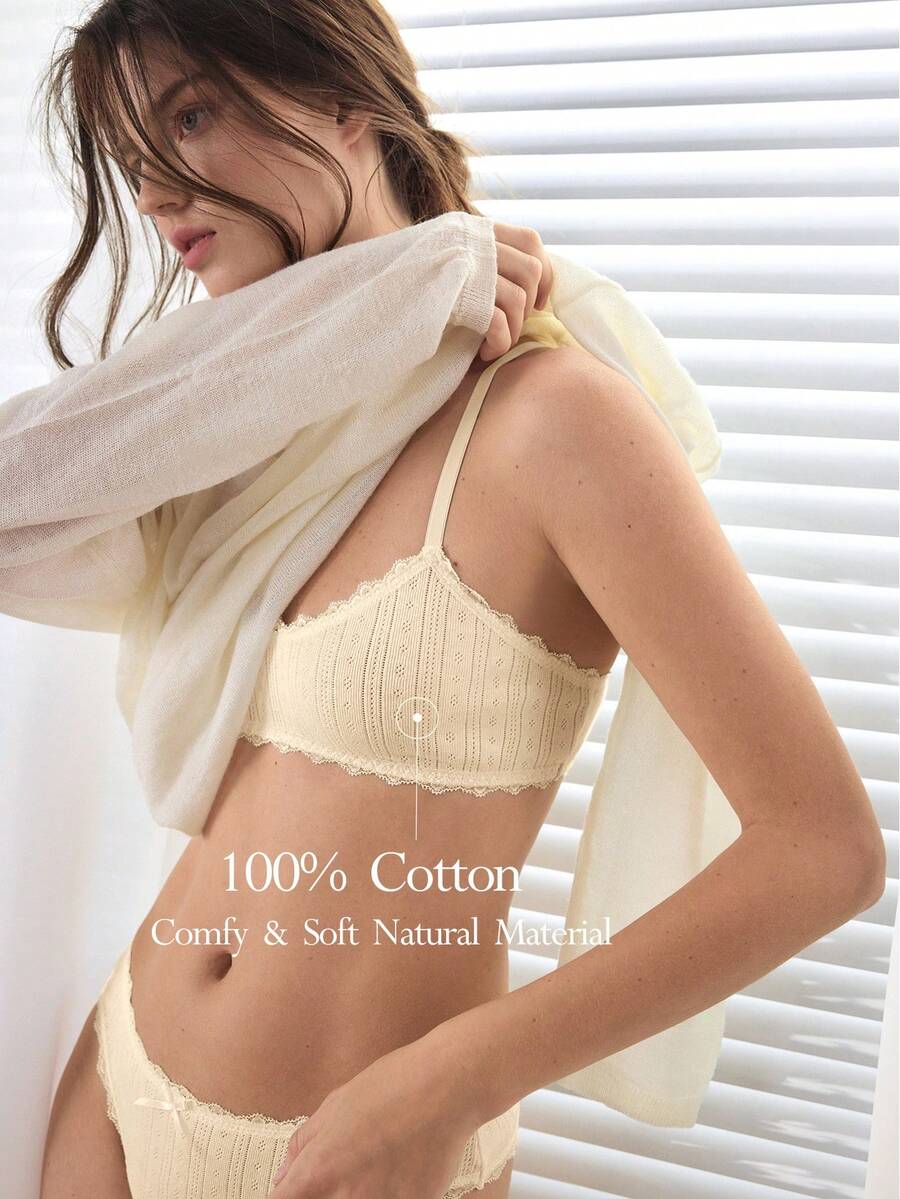 Ocili Bra Wanita Nyaman dari Katun Rajut Jacquard dengan Hiasan Pita Renda - Khaki - View 1