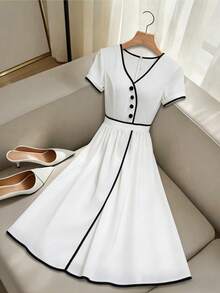 Ellegaria. Women's Elegant Long Dress With Trim Button Design Short Sleeves - Apricot - View 5