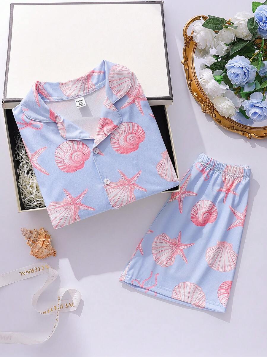 Conjunto de pijama de 2 piezas con top de manga corta y shorts con estampado de moños, elegante y de moda para niñas - Azul - Ver 1