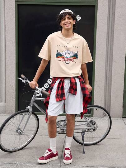 Open Phase 2025 男士时尚山景印花落肩休闲日常短袖T恤，春夏款，复古美式，男女皆宜，宽松版型夏季服装——适合日常穿着和夏季度假穿着。