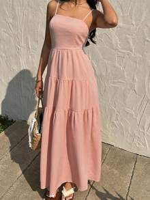 Sunnyshic 蜜桃纹理面料抽绳褶皱吊带背心宽松显瘦度假风无袖连衣裙 - 粉色 - 查看 4