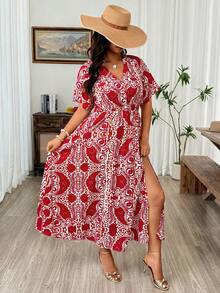 Weeklong 女士春夏V领佩斯利印花连衣裙，复古度假风宽松开衩连衣裙，红色底白色花朵V领红色连衣裙搭配温暖阳光，波西米亚风印花开衩连衣裙 - 彩色 - 查看 3