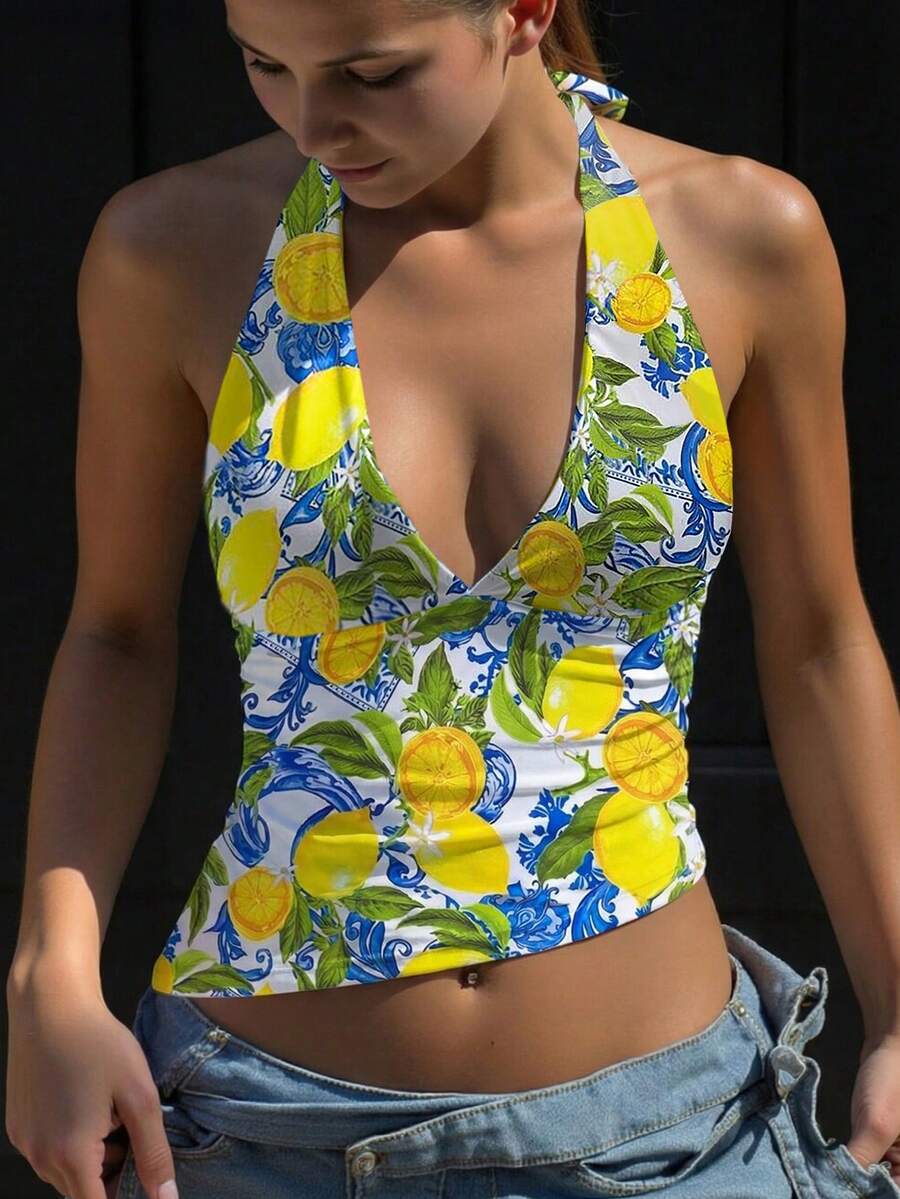 INAWLY Solva Women's Vacation Lemon Print Plunging V-Neck Halter Camisole - Multicolor - View 1