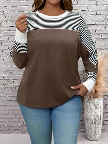 Rosumi Plus Size Women's Casual Crew Neck Striped Batwing Sleeve T-Shirt, Spring/Fall,Fall Clothes For Women - Brown - View 5
