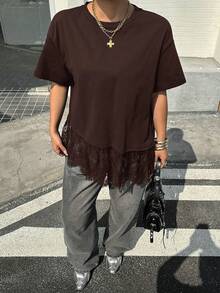 Muchica Plus Size Women Chocolate Brown Lace Hem Short Sleeve T-Shirt - Chocolate Brown - View 5