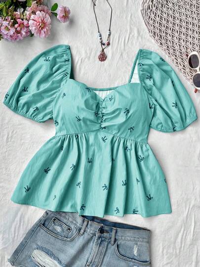 Sweetra Plus Size Spring/Summer Pink Scoop Neck Cute Romantic Casual College Vacation Versatile Lantern Sleeve Bow Chest Ruffle Print Blouse