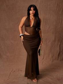 Rustia Modisches Spaghetti-Träger Mesh V-Ausschnitt Mesh Camisole Set mit Fischschwanz Bodycon Rock - Braun - Übersicht 6